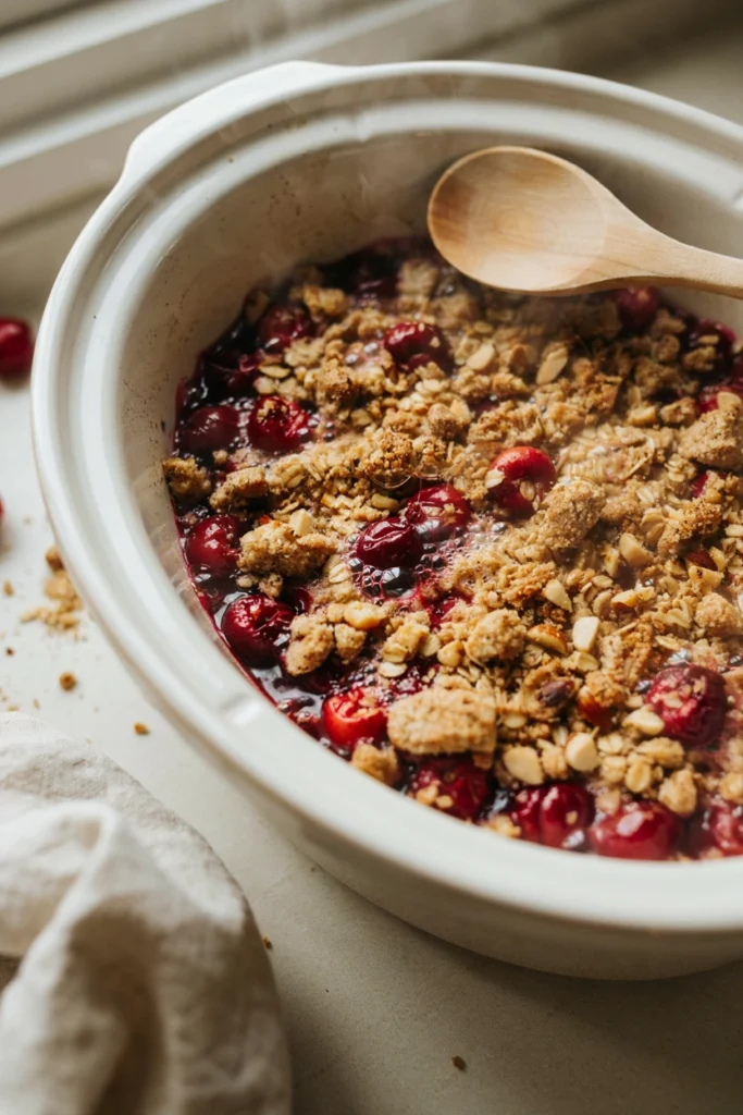 Golden crockpot cherry dump cake with glossy cherry filling bubbling underneath a buttery crumb topping