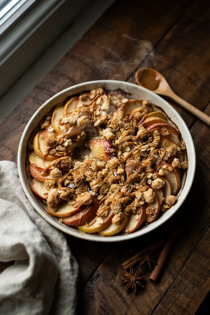 Salted caramel apple dump cake with caramel drizzle over a golden topping and steaming cinnamon apples