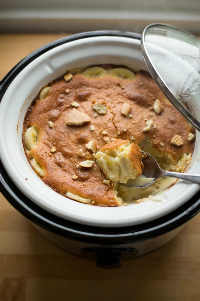 Banana pudding dump cake with sliced bananas nestled into a golden vanilla cake topping and crushed vanilla wafers