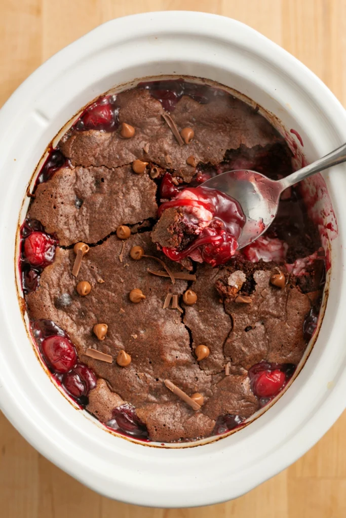 Chocolate cherry dump cake with dark chocolate crust over deep red cherry filling and chocolate shavings