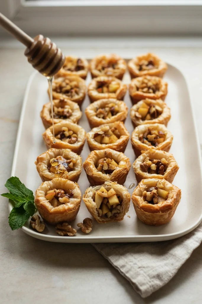 Apple walnut baklava bites in mini phyllo cups drizzled with honey