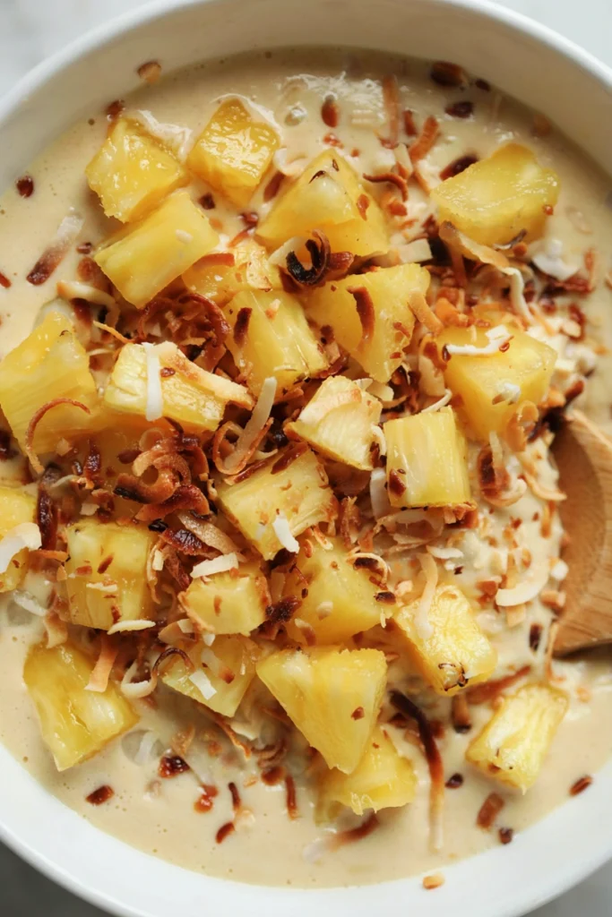 Pineapple coconut dump cake with golden toasted coconut over bright pineapple-studded topping