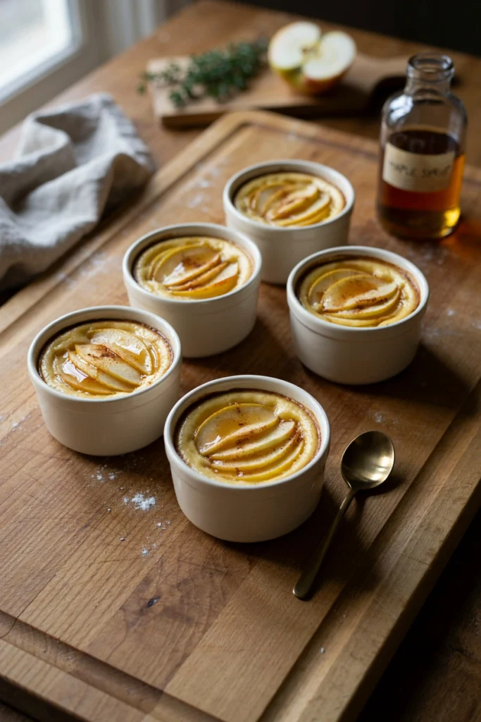 Maple apple baked custard in ramekins topped with sliced apples