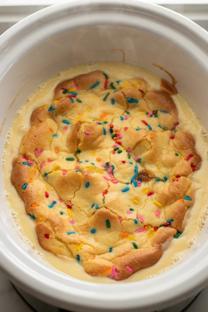Funfetti birthday dump cake with bright white cake topping studded with rainbow sprinkles