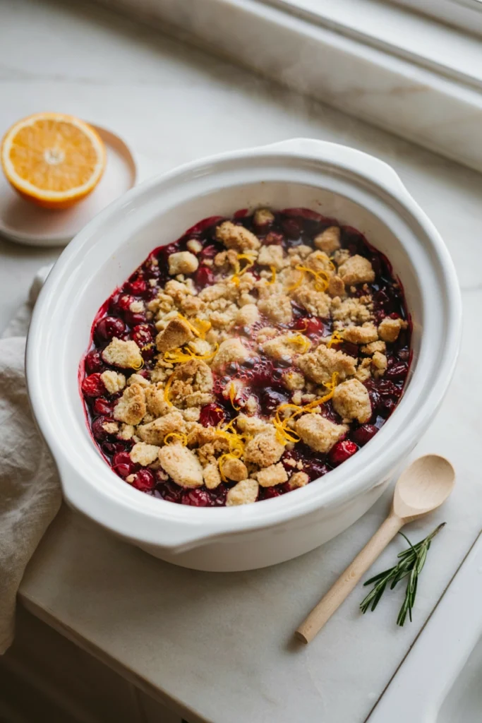Cranberry orange dump cake with ruby-red whole cranberries against a golden crumb topping and orange zest