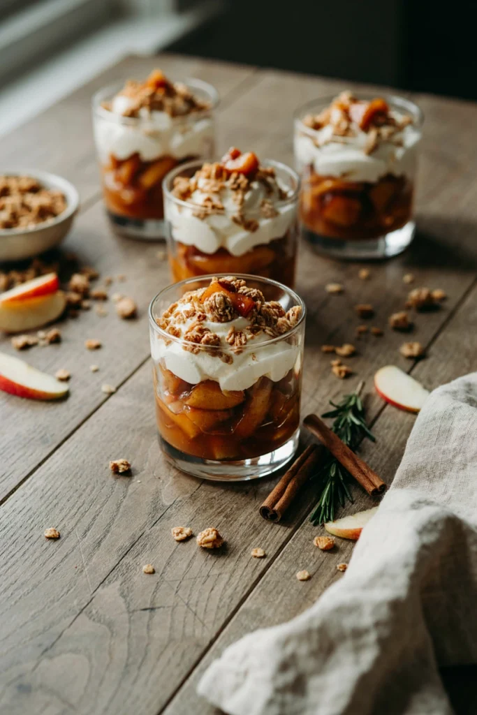 Layered apple pie parfaits in glasses with whipped cream and granola