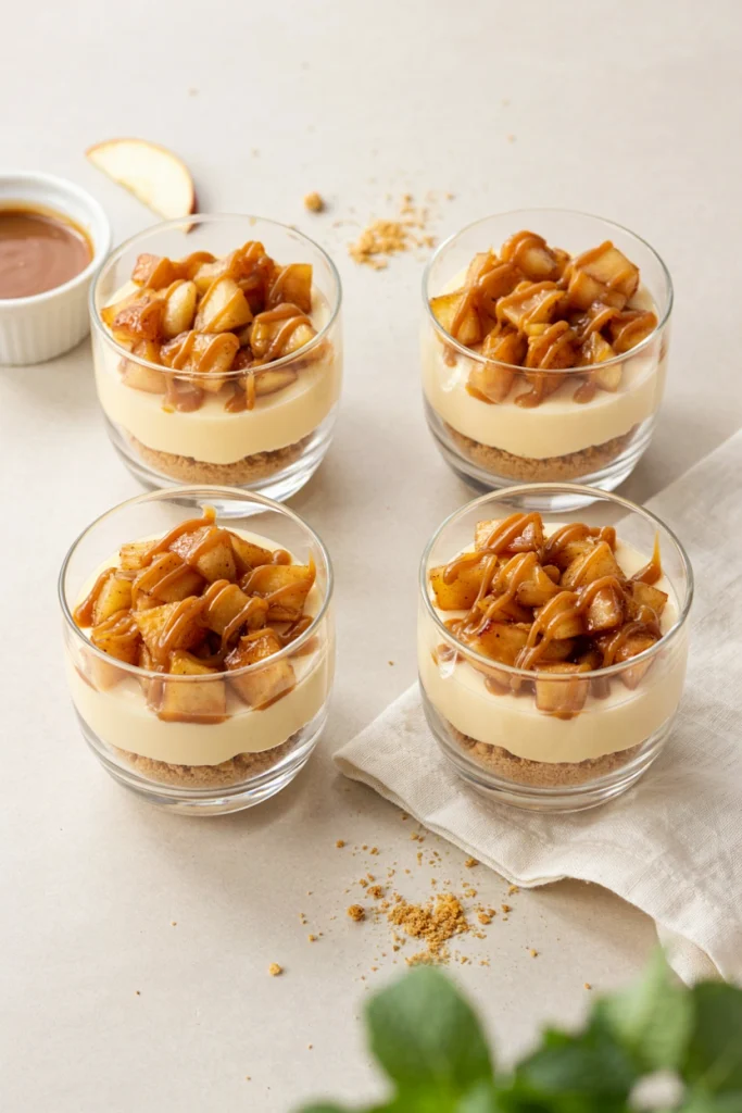 No-bake caramel apple cheesecake cups layered in glass cups