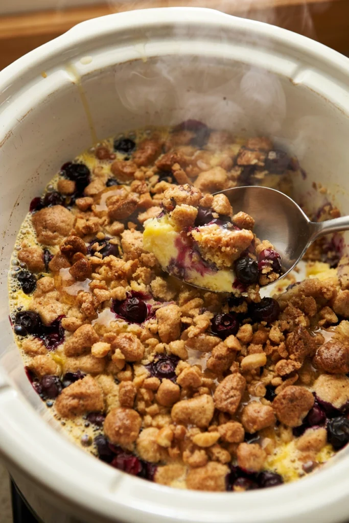 Lemon blueberry dump cake with whole blueberries under a bright lemon crust and a light glaze drizzle