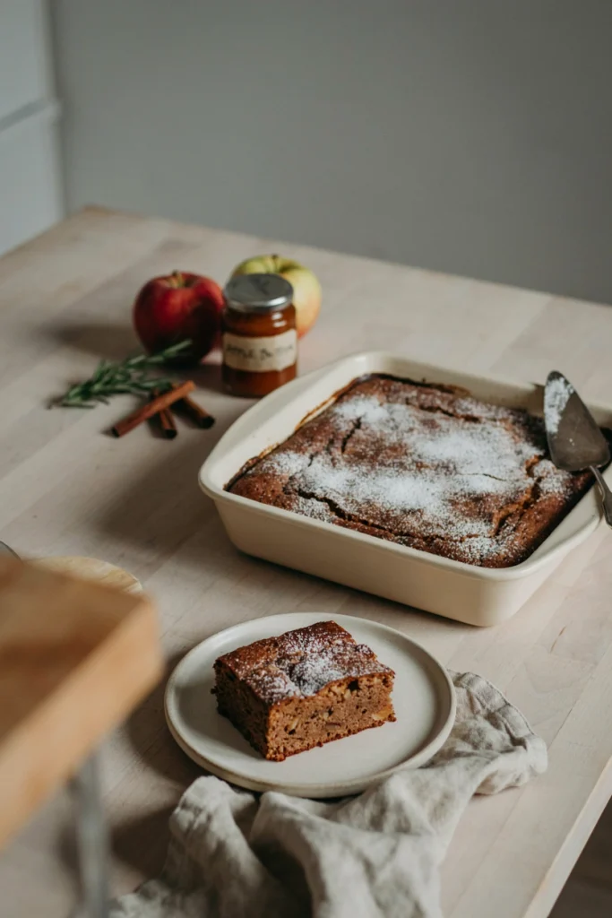 Apple butter snack cake sliced with a dusting of powdered sugar