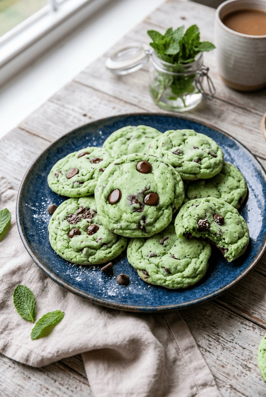 plate of mint chocolate chip cookies