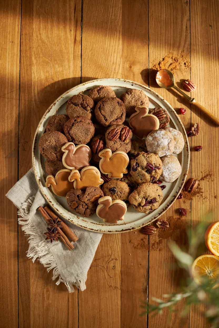 An overhead flat-lay of an assorted Thanksgiving cookie platter — pumpkin snickerdoodles, gingersnaps, a decorated turkey cookie, and pecan sandies arranged on a rustic wood board with a linen napkin and a small bowl of cinnamon sticks, warm autumn light