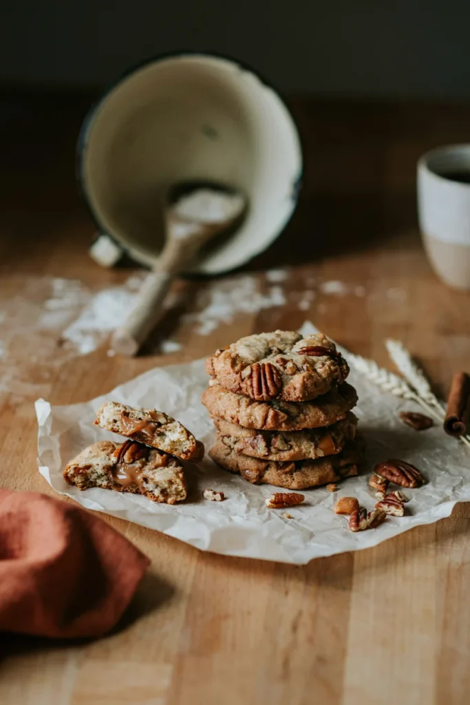 Toffee butterscotch pecan cookies with visible toffee bits and pecan pieces