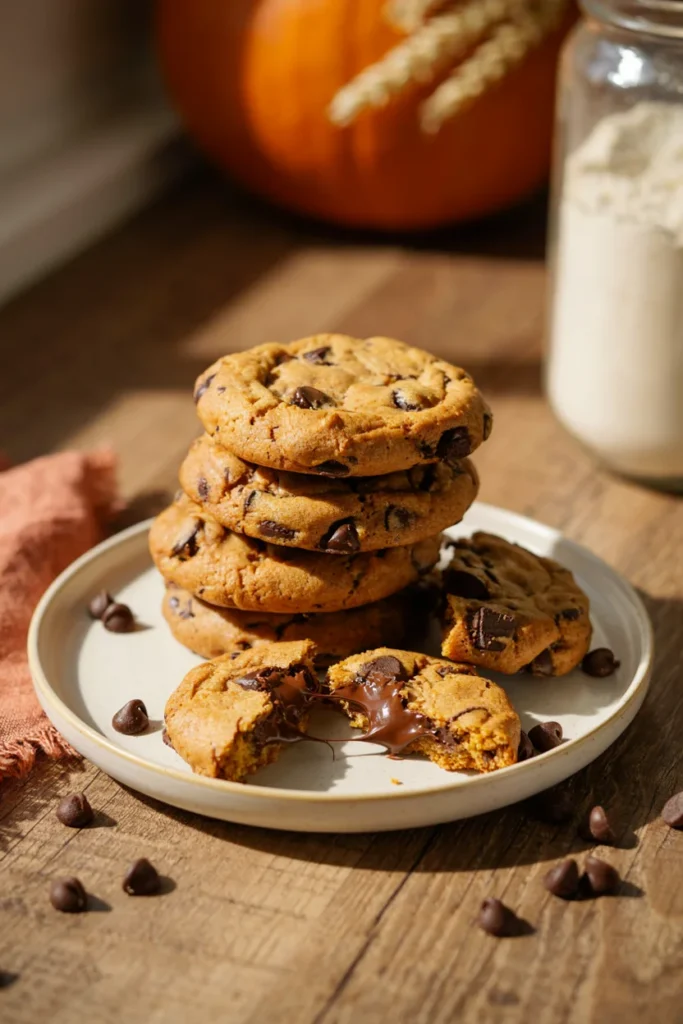 Thick soft pumpkin chocolate chip cookies with melted chocolate chips