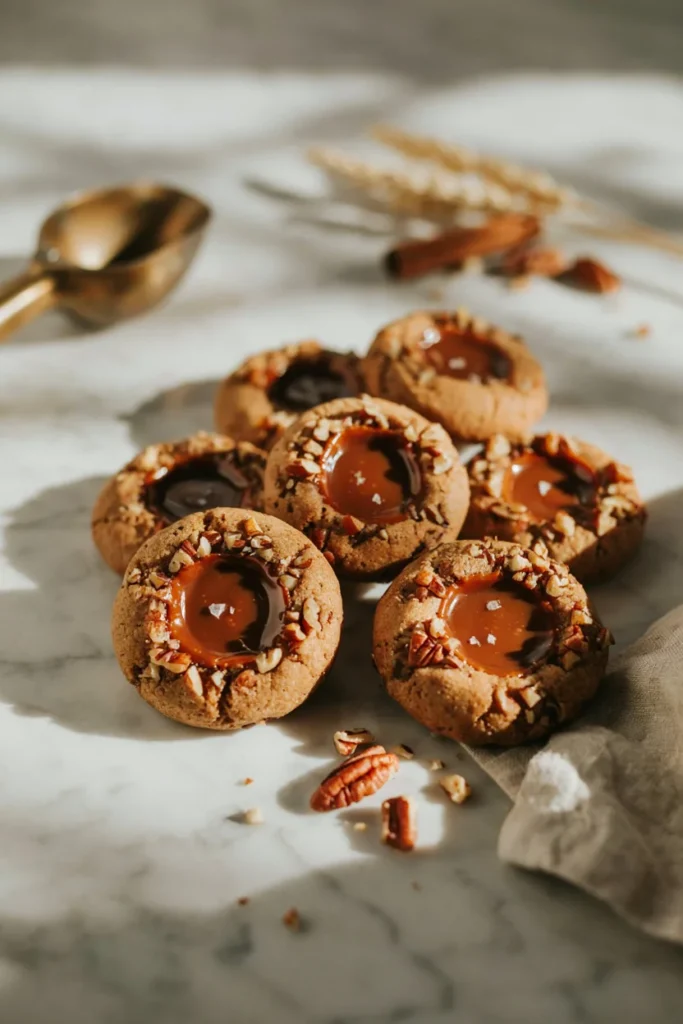 Maple caramel pecan thumbprint cookies with a pool of caramel and flaky sea salt