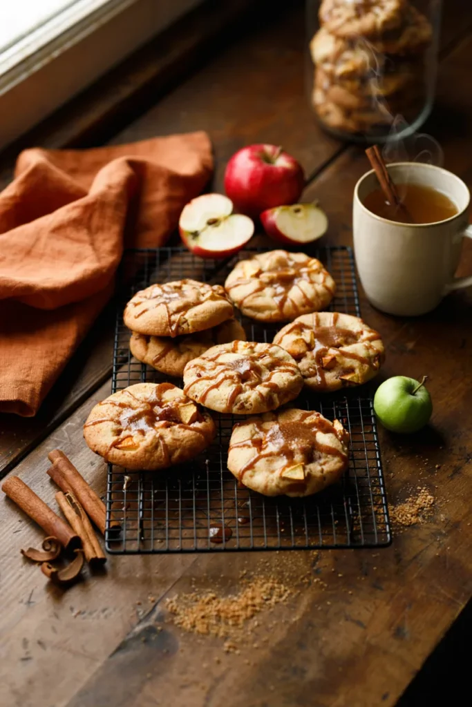 Spiced apple cider cookies drizzled with glossy brown sugar glaze on a cooling rack
