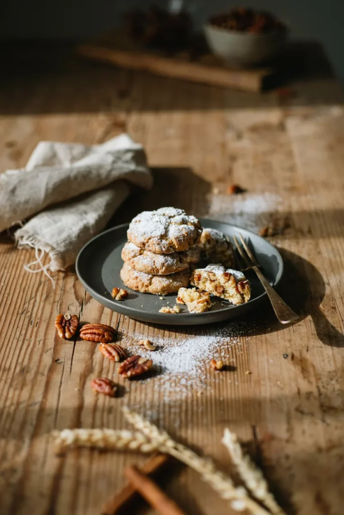 Browned butter pecan sandies dusted with powdered sugar, one cookie broken open