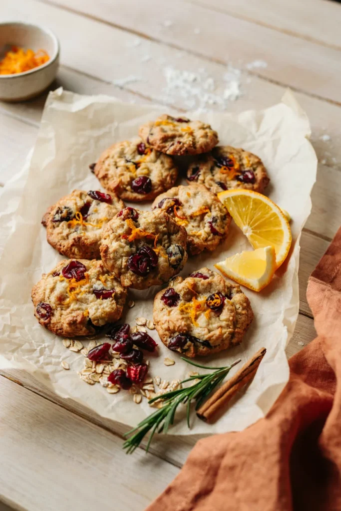 Cranberry orange oatmeal cookies with visible orange zest and dried cranberries