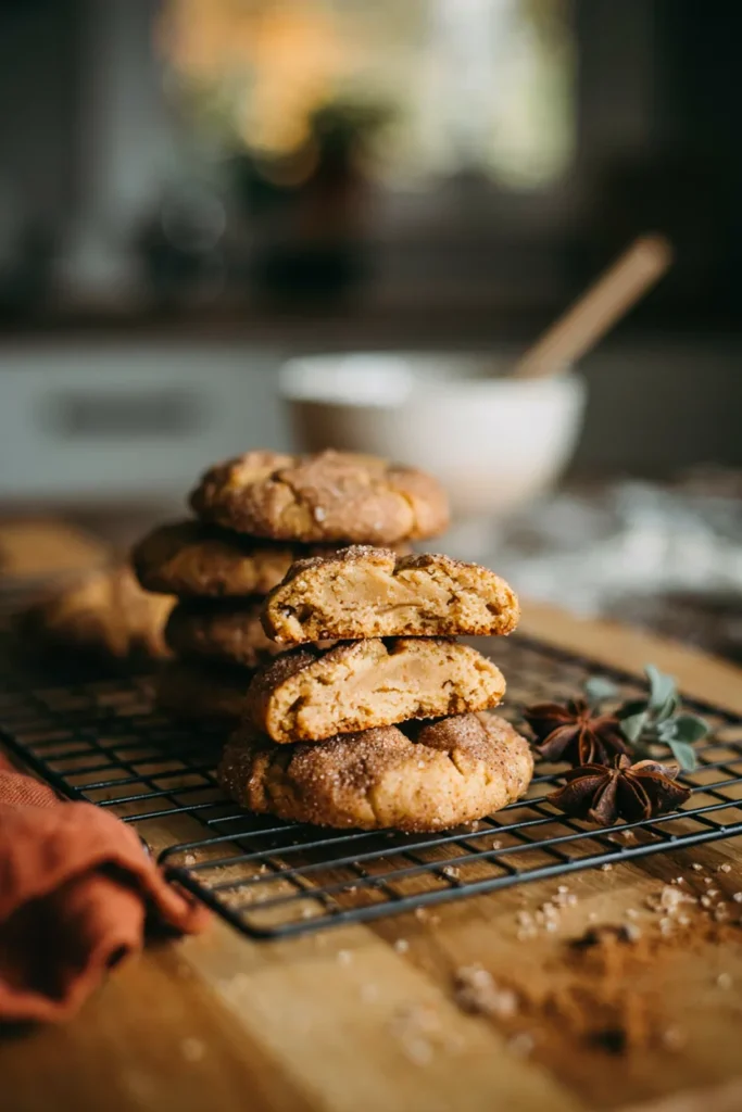 Stack of soft pumpkin snickerdoodles coated in cinnamon sugar on a cooling rack