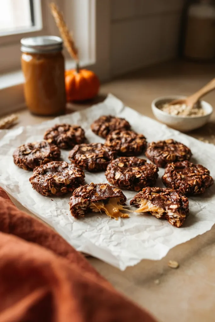 No-bake chocolate peanut butter oat cookies cooling on parchment paper