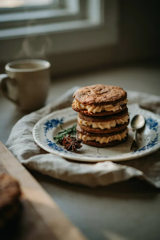 Gingerbread sandwich cookies filled with cinnamon cream cheese frosting
