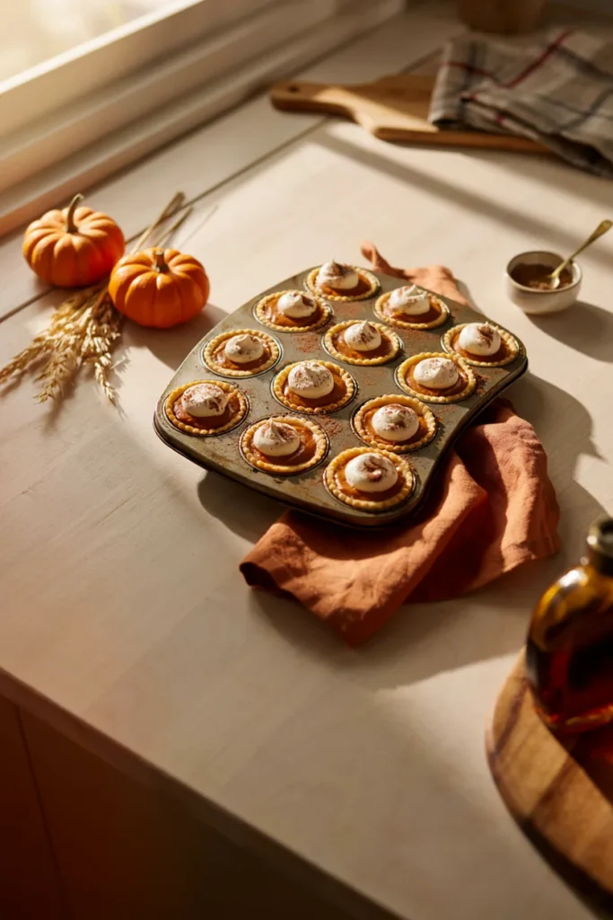 Mini pumpkin pie cookie cups in a muffin tin topped with whipped cream
