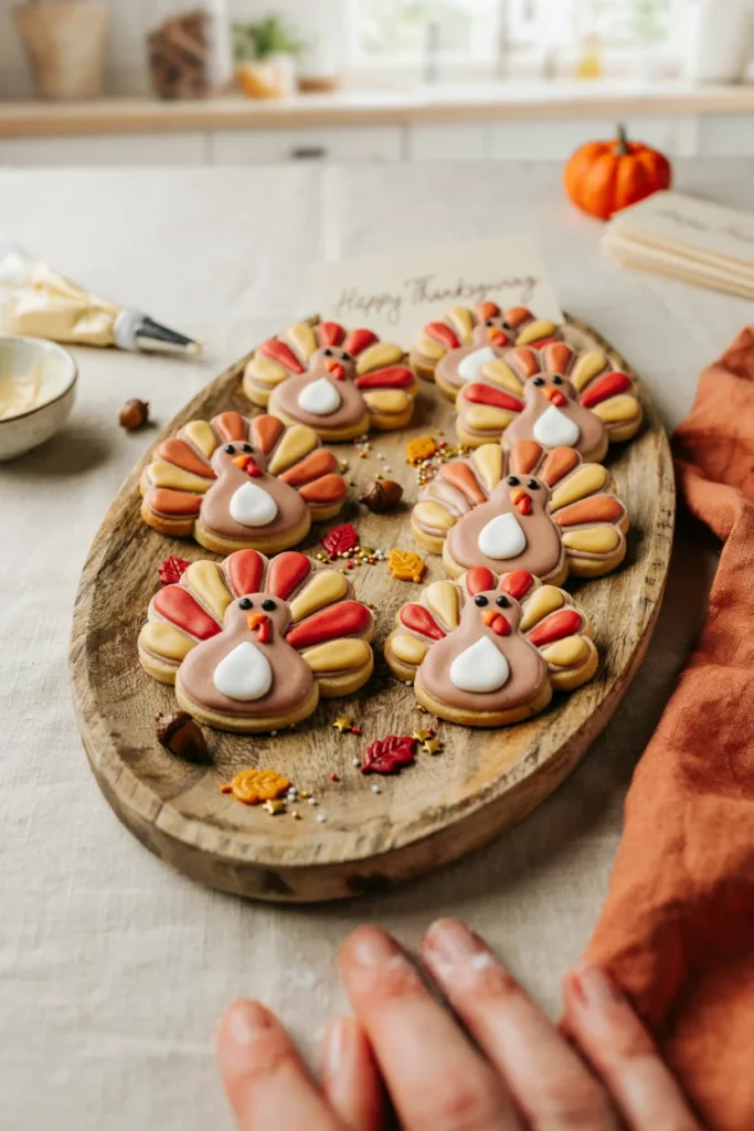 Decorated turkey-shaped sugar cookies with colorful royal icing feathers