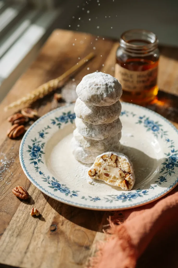 Cream cheese maple snowball cookies coated in powdered sugar, one cut in half