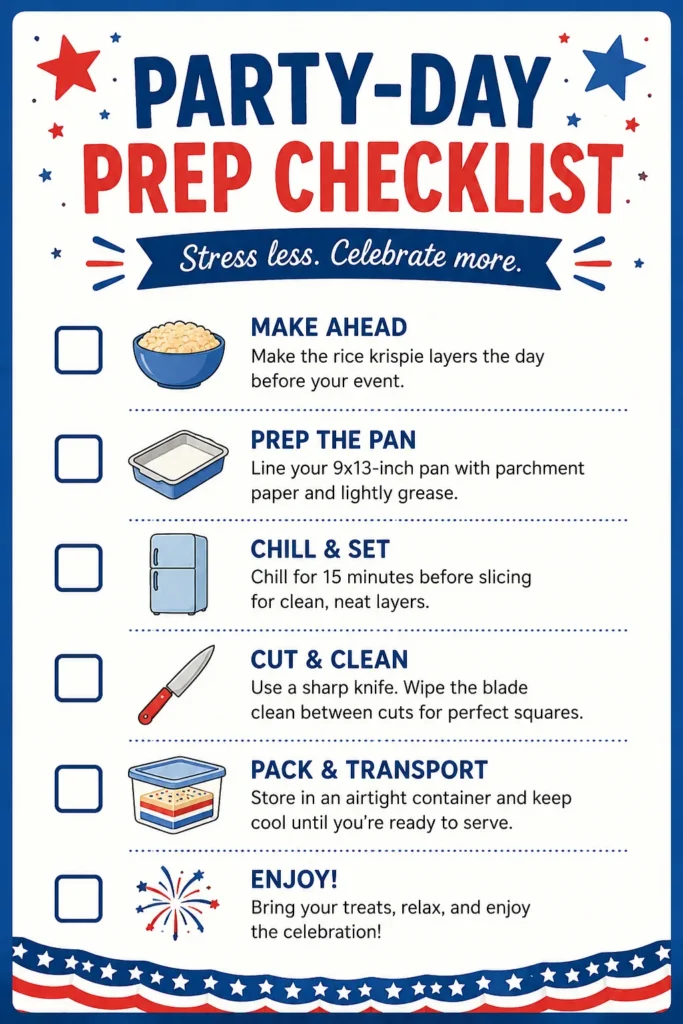 Printable party-day prep checklist for make-ahead red white and blue rice krispie treats