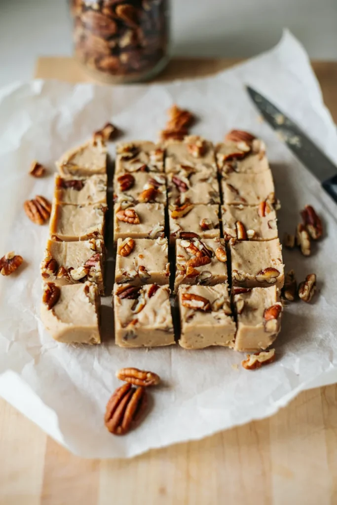A cut slab of creamy tan-colored fudge studded with toasted pecans, arranged in small squares on parchment paper.