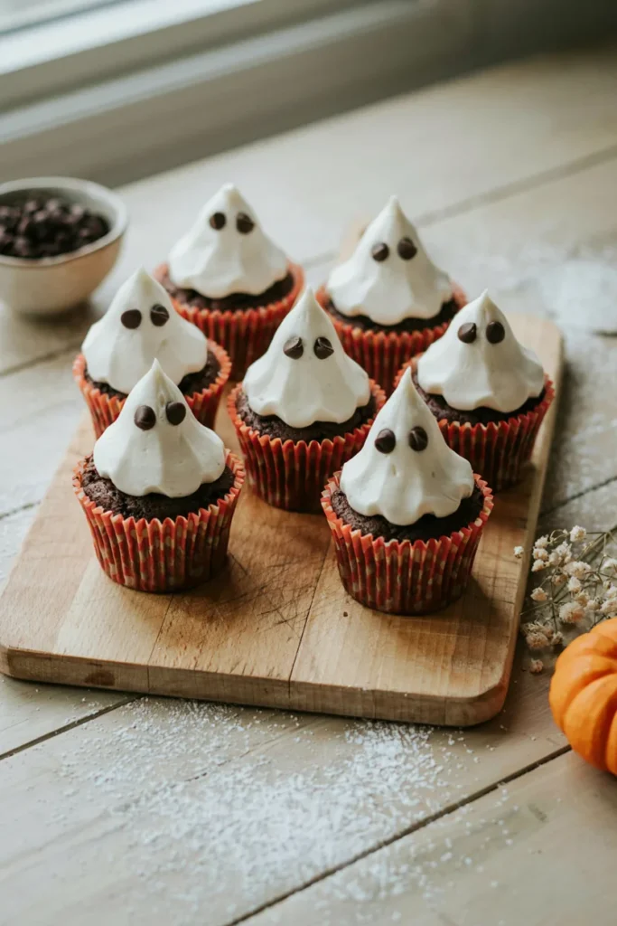 Chocolate cupcakes topped with a fluffy, piped white buttercream ghost shape, two small chocolate chip eyes pressed into each one, baked in orange striped liners.