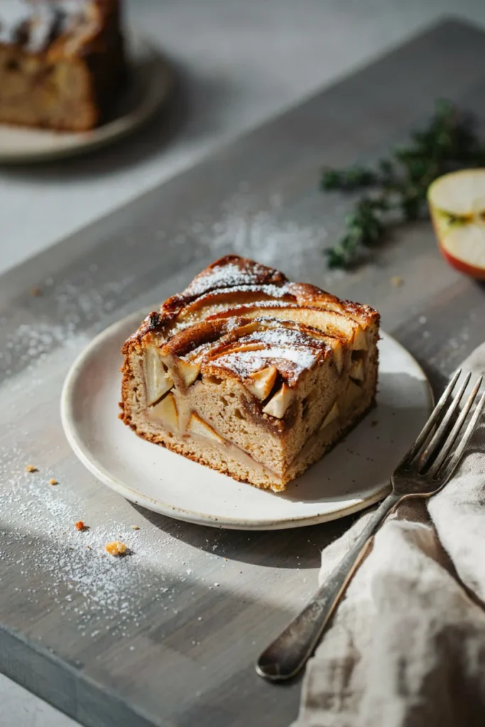 A cut square of dense, cinnamon-swirled apple cake showing visible chunks of apple throughout, dusted with powdered sugar.