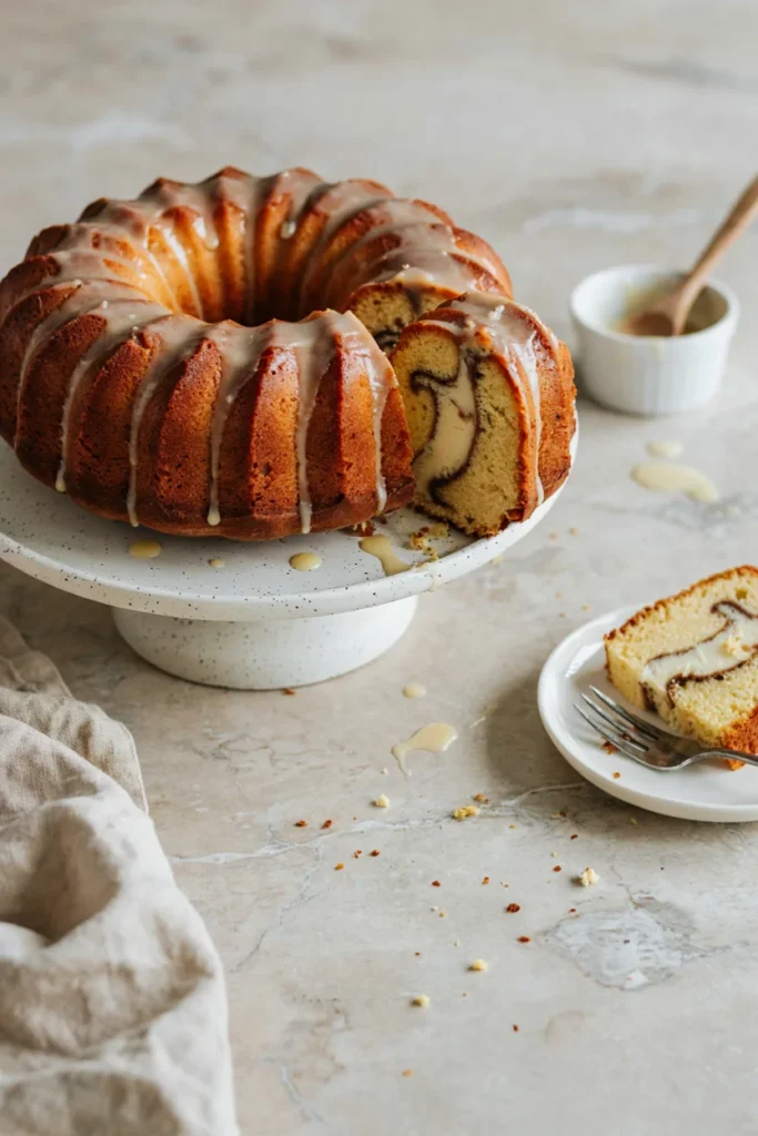 A glazed bundt cake with a deep golden crumb, cream cheese swirl visible in the center of each slice, glaze dripping down the ridges.