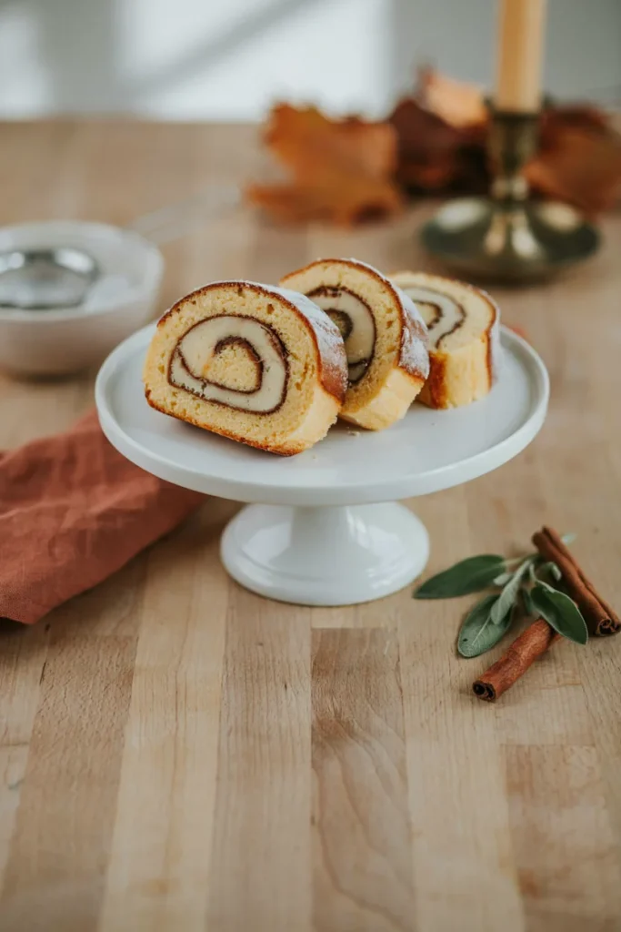 A sliced pumpkin roll revealing a tight cinnamon-cream cheese swirl, dusted with powdered sugar, arranged on a cake stand.