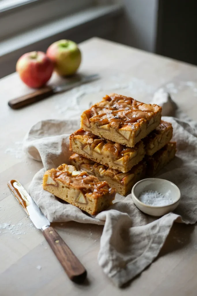 Thick, golden blondie squares studded with diced apple, drizzled with caramel and a scatter of flaky sea salt, cut into neat bars.