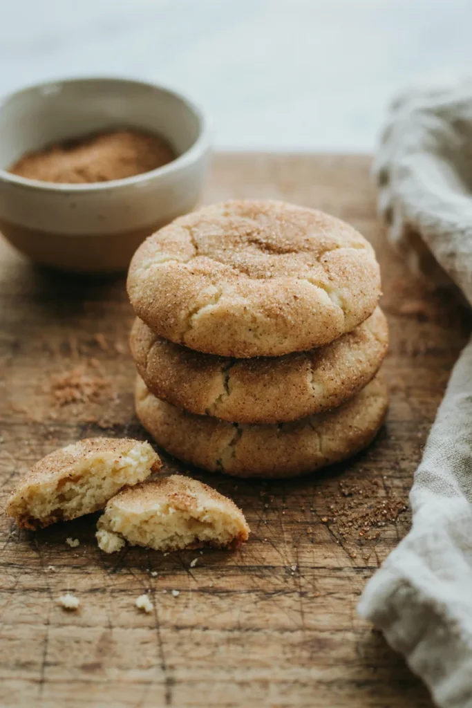Classic round snickerdoodles with crackled, sugar-dusted tops in golden cinnamon-sugar, stacked three high.