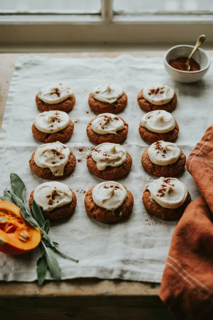 Pillowy, cake-like pumpkin cookies swirled generously with cream cheese frosting, dusted with a pinch of cinnamon, arranged in neat rows.