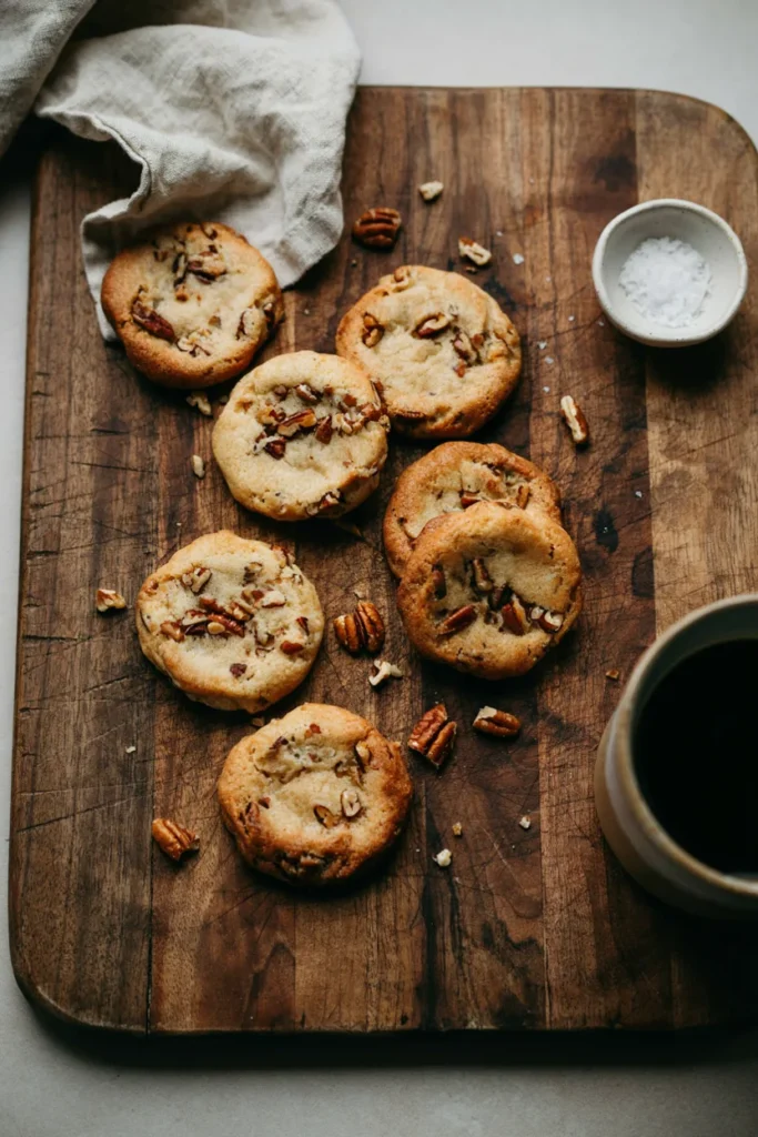 Golden-brown cookies with crisp, caramelized edges and a chewy center, chopped pecans visible throughout, arranged on a rustic wooden board.