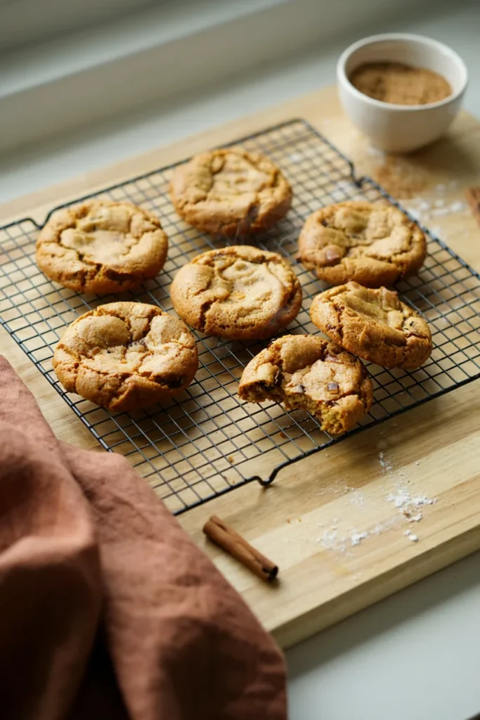 Soft, puffy pumpkin cookies with cracked tops, cooling on a wire rack, cinnamon flecks visible throughout.