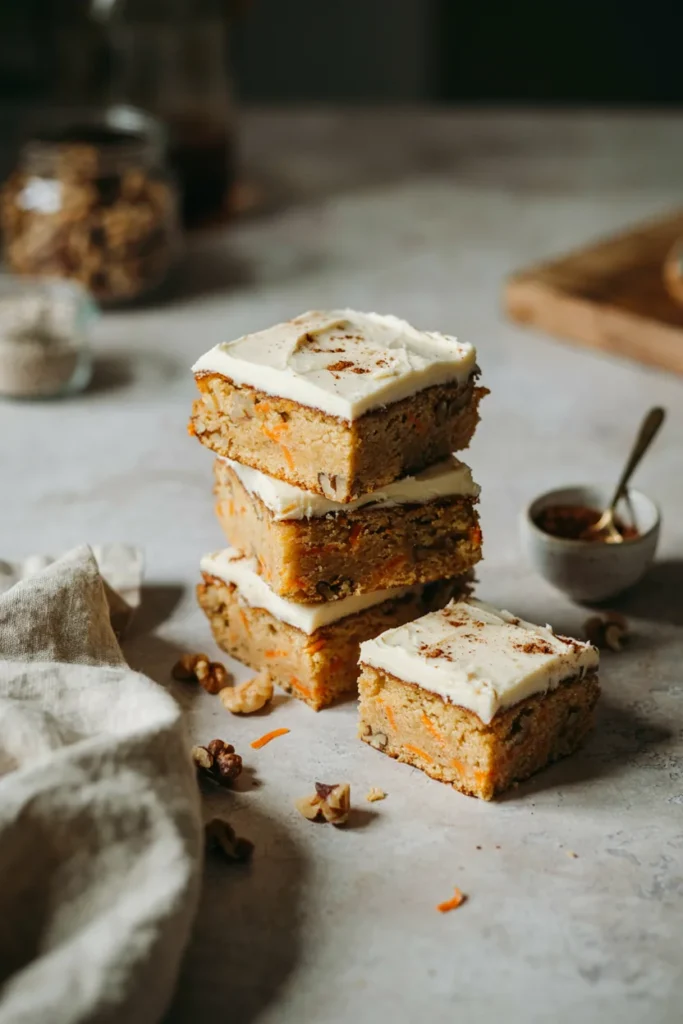 Golden, dense blondie squares studded with shredded carrot and walnuts, topped with a thick layer of cream cheese frosting and a light dusting of cinnamon.