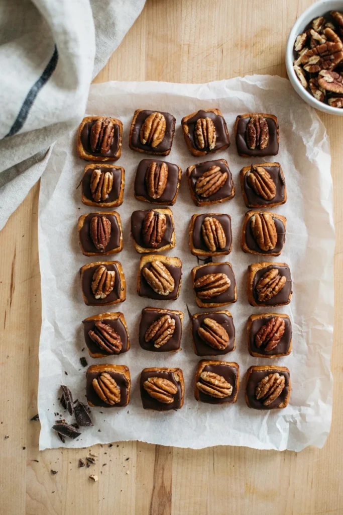 Small pretzel squares topped with a melted chocolate square and a pecan half, arranged in neat rows on parchment paper.