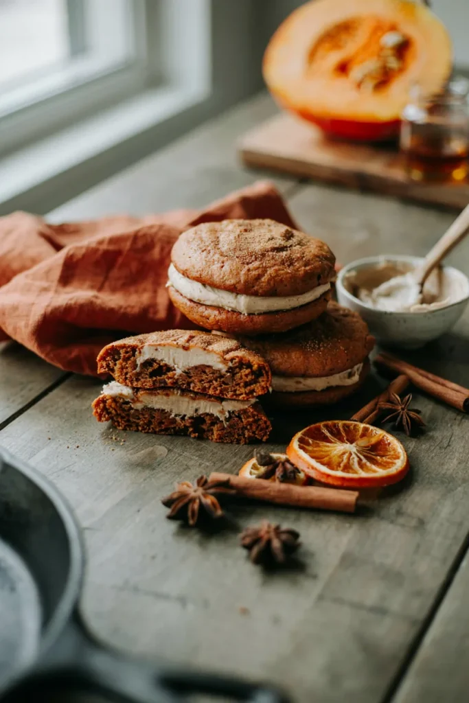 Soft, sandwich-style whoopie pies with a thick swirl of cinnamon cream filling peeking out from between two cake-like pumpkin rounds.
