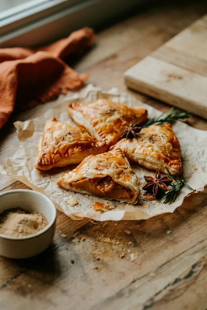 Flaky, golden puff pastry turnovers dusted with cinnamon sugar, one split open to reveal a creamy spiced pumpkin filling inside.