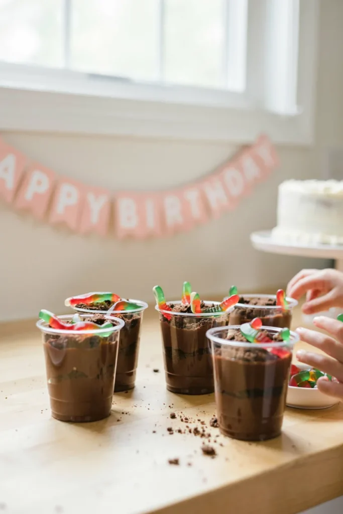 Individual clear cups layered with chocolate pudding, crushed chocolate cookie "dirt," and gummy worms poking out of the top.