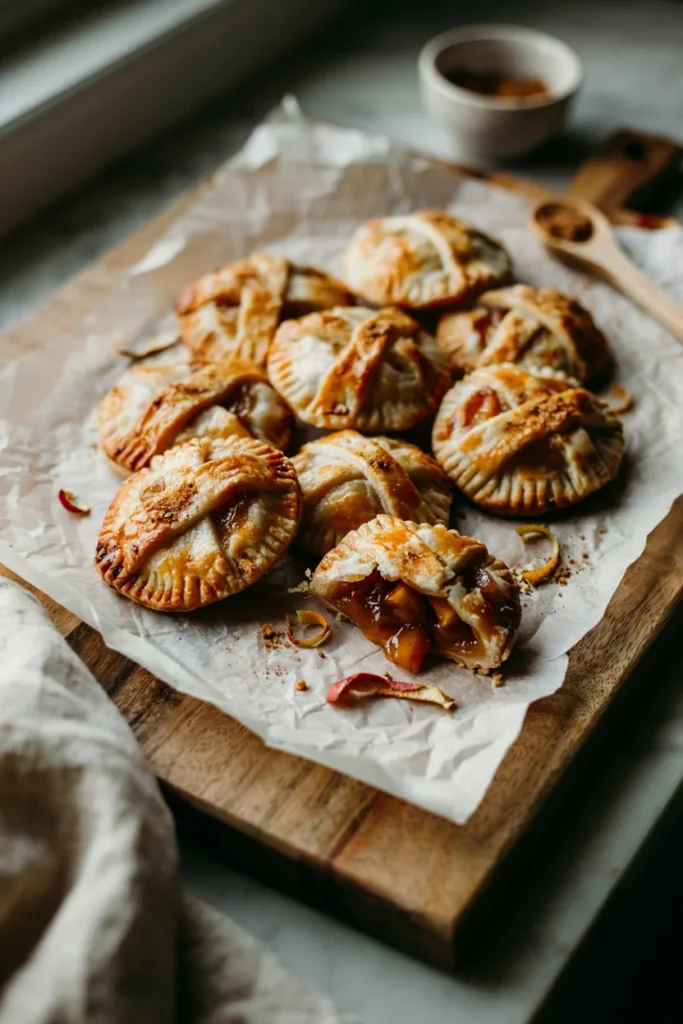 Golden, crimped hand pies with a lattice cutout on top, cinnamon-sugar dusted, arranged on parchment with one cut open to show the apple filling.