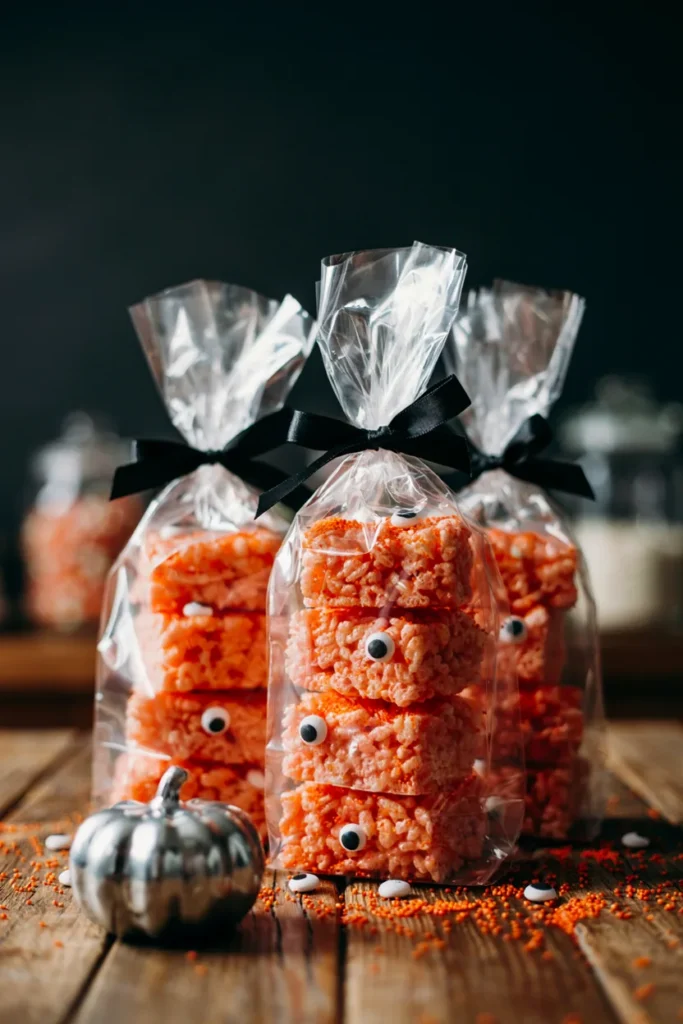Bright orange-tinted rice krispie treats cut into squares, decorated with candy eyeballs and orange sprinkles, stacked in cellophane bags.