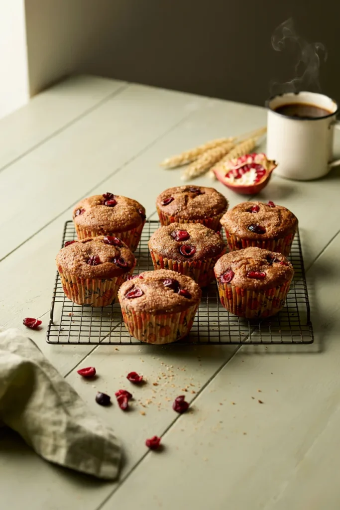 Domed bakery-style muffins with a crackly sugared top, studded with dried cranberries, baked in rustic fall-print liners.