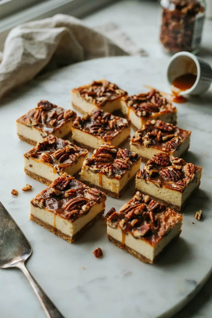 Cheesecake bars with a buttery graham crust, a creamy center, and a sticky pecan pie topping, cut into squares and drizzled with extra caramel.