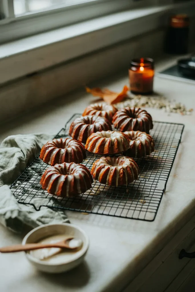 A row of small individual bundt-style pumpkin cakes, each glazed with a simple vanilla drizzle, arranged on a cooling rack.