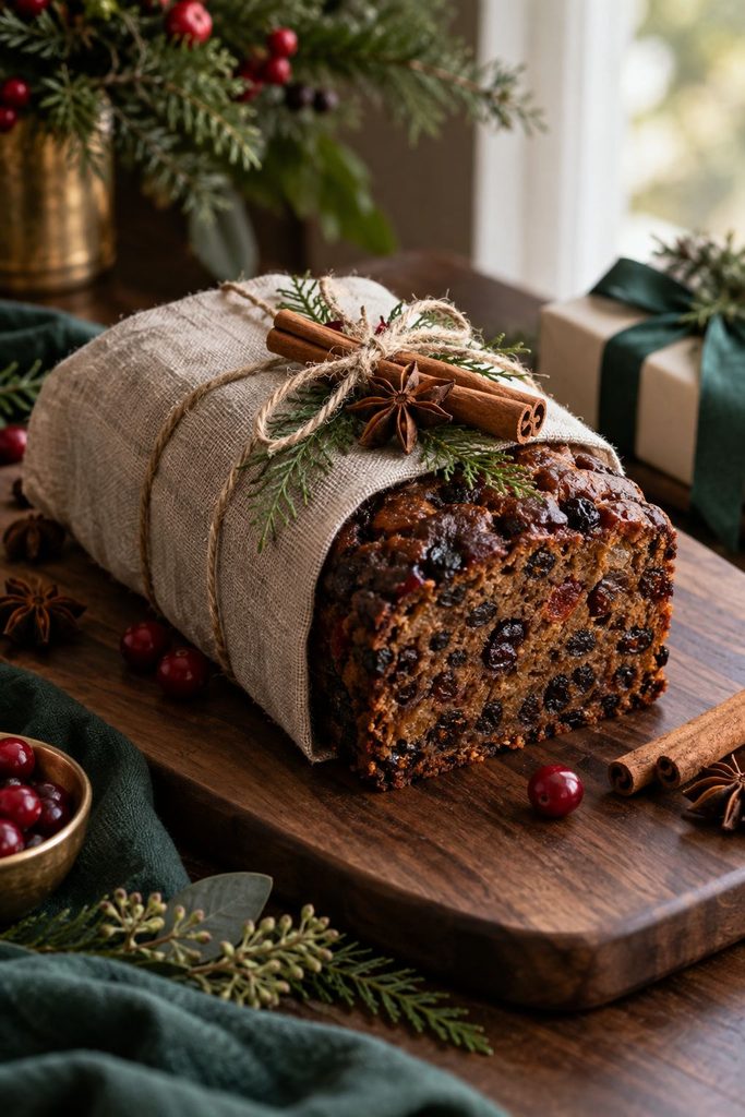 Linen-wrapped spiced fruit cake with cinnamon sticks