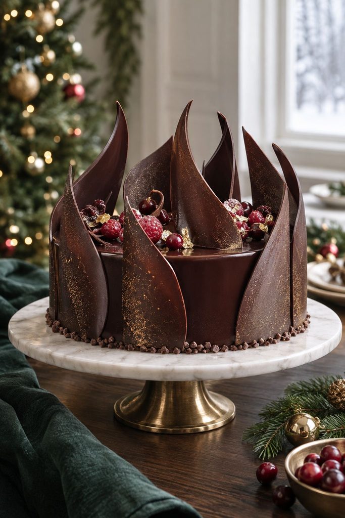 Chocolate entremet cake with tall curved chocolate sails